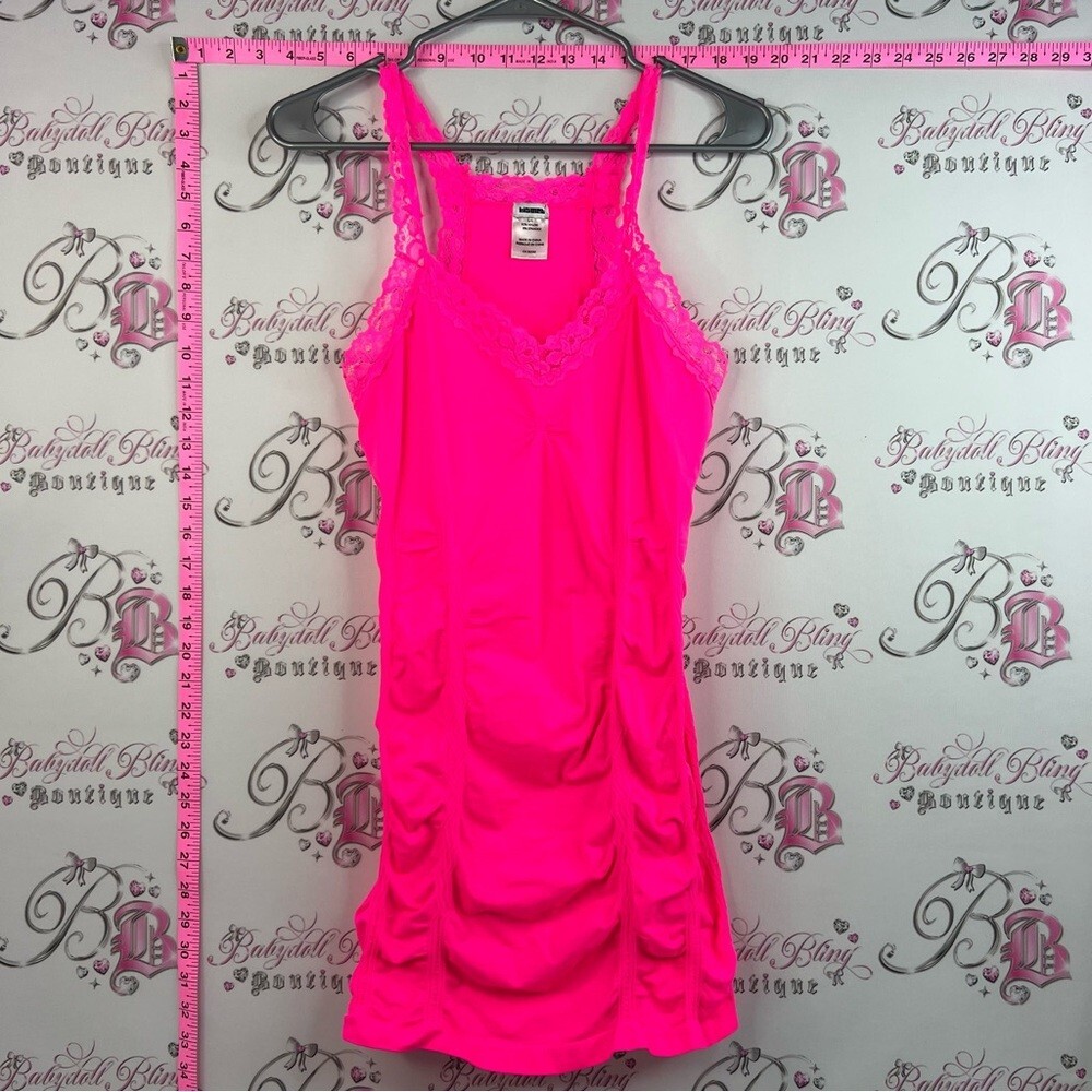 Kismet Dress Neon Pink Lace-Trim Camisole Dress stretchy mini slip dress lace